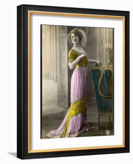 The Directoire, Empire Silhouette: High-Waisted Pink and Gold Gown with an Embroidered Corsage-null-Framed Photographic Print