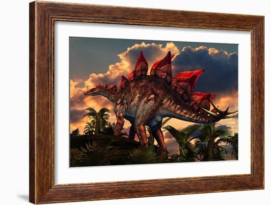 The Distinctive Shape of Stegosaurus Stands Out Against the Sunset-null-Framed Art Print