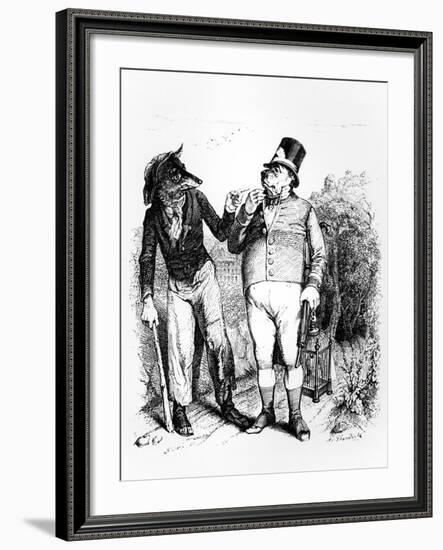 The Dog and the Wolf, Illustration for 'Fables' of La Fontaine, Published by H. Fournier Aine, 1838-J.J. Grandville-Framed Giclee Print