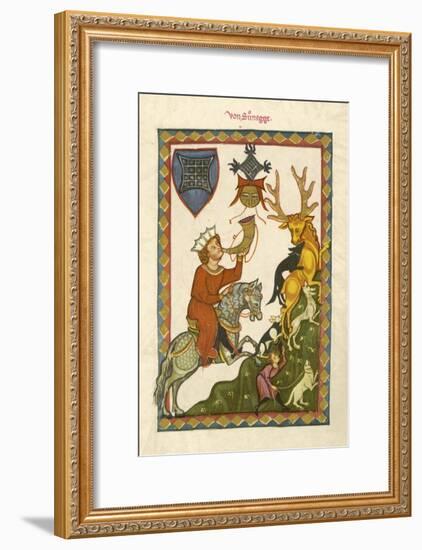 The Dogs Secure Their Catch While a Gentleman on Horseback Blows the Hunting Horn-Hans Naumann-Framed Art Print