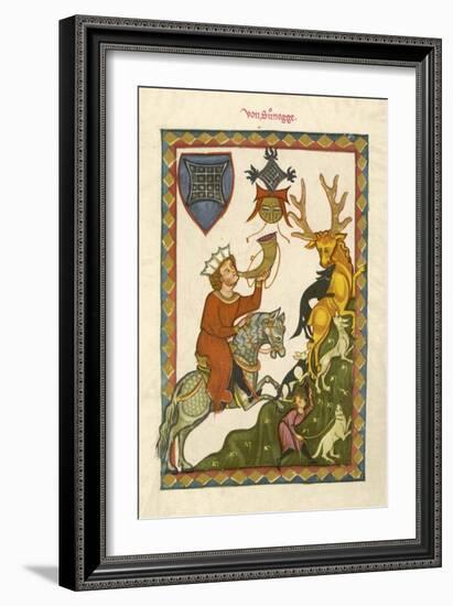 The Dogs Secure Their Catch While a Gentleman on Horseback Blows the Hunting Horn-Hans Naumann-Framed Art Print