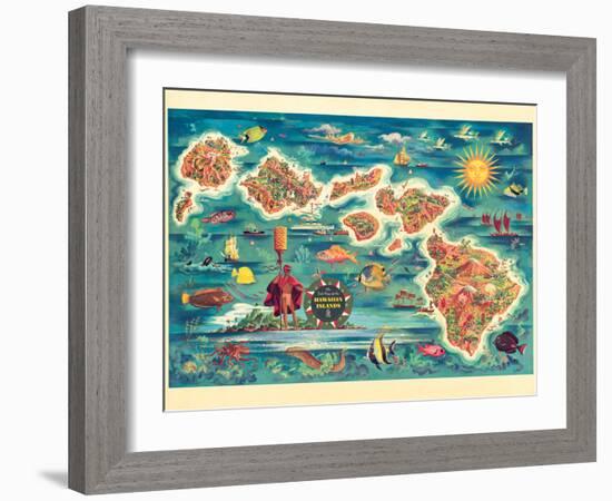 The Dole Map of the Hawaiian Islands - Vintage Pictorial Map, 1950s-Joseph Fehér-Framed Art Print