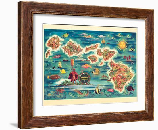 The Dole Map of the Hawaiian Islands - Vintage Pictorial Map, 1950s-Joseph Fehér-Framed Art Print