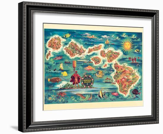 The Dole Map of the Hawaiian Islands - Vintage Pictorial Map, 1950s-Joseph Fehér-Framed Art Print