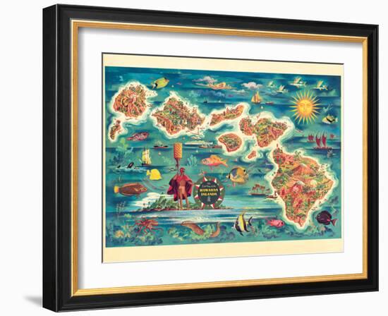 The Dole Map of the Hawaiian Islands - Vintage Pictorial Map, 1950s-Joseph Fehér-Framed Art Print