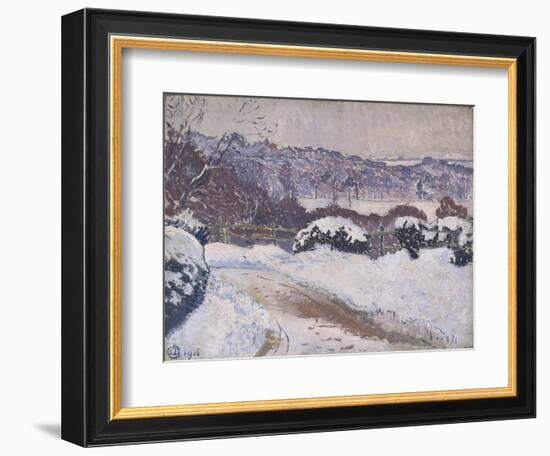 The Dorking Road, Coldharbour, in Snow, 1916 (Oil on Canvas)-Lucien Pissarro-Framed Giclee Print