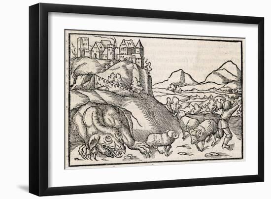 The Dragon of Krakow Poland Scares a Shepherd-Sebastian Munster-Framed Art Print