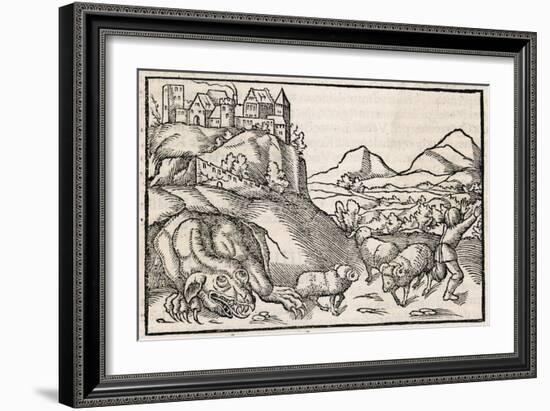 The Dragon of Krakow Poland Scares a Shepherd-Sebastian Munster-Framed Art Print