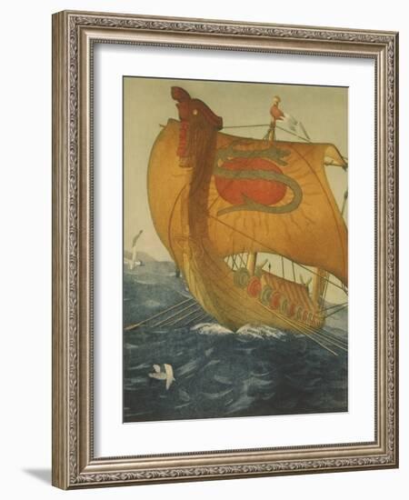 The Dragon Ship, Viking Ship at Sea, Etching by John Taylor Arms 1922-null-Framed Art Print