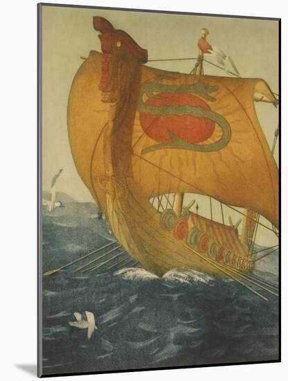 The Dragon Ship, Viking Ship at Sea, Etching by John Taylor Arms 1922-null-Mounted Art Print