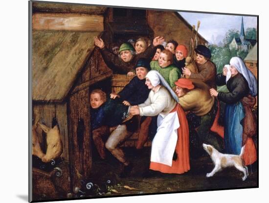 The Drunkard Pushed into the Pigsty, 1564-1638-Pieter Brueghel the Younger-Mounted Giclee Print