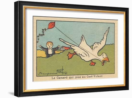 The Duck is Playing with a Kite,1936 (Illustration)-Benjamin Rabier-Framed Giclee Print