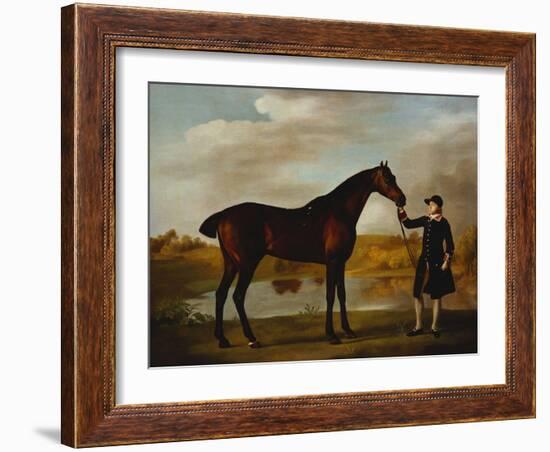 The Duke of Marlborough's (?) Bay Hunter, with a Groom in Livery in a Lake Landscape-George Stubbs-Framed Giclee Print