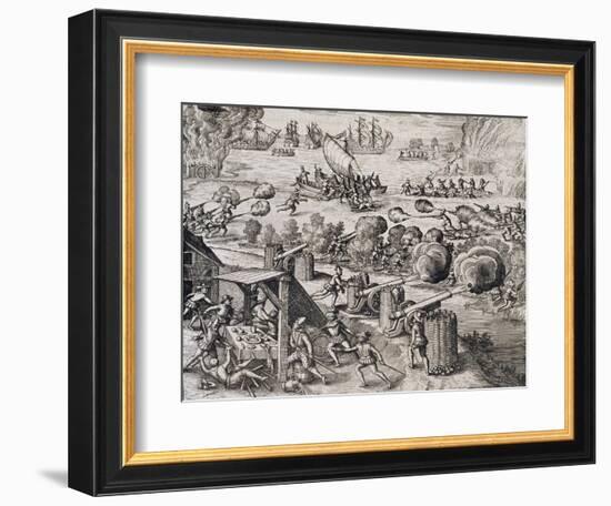 The Dutch Fleet Attack the Spanish Fortress of Gratiosa on Gran Canaria-Theodore de Bry-Framed Giclee Print