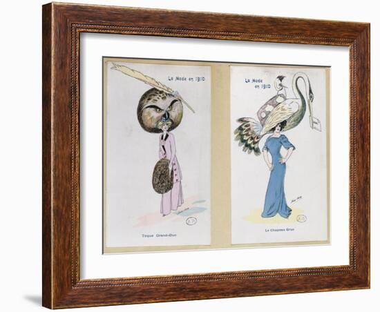 The Eagle Owl Fur Hat" and "The Crane Hat," Cartoon Fashion Plates, 1910-Xavier Sager-Framed Giclee Print