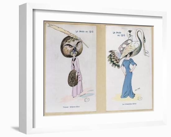 The Eagle Owl Fur Hat" and "The Crane Hat," Cartoon Fashion Plates, 1910-Xavier Sager-Framed Giclee Print