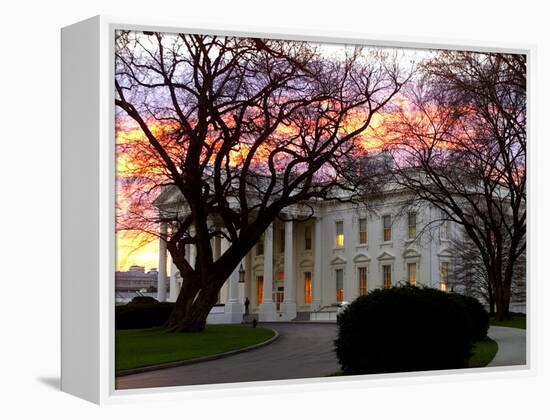 The Early Morning Sunrise Warms up the Winter Sky Behind the White House-null-Framed Premier Image Canvas