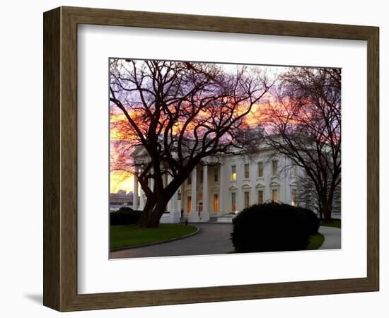 The Early Morning Sunrise Warms up the Winter Sky Behind the White House--Framed Photographic Print