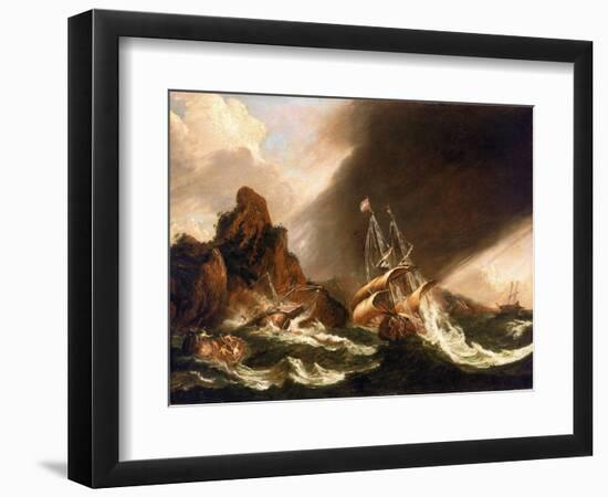 The East Indian Trading Fleet is in Full Storm, One Boat is Shipwrecked on the Rocky Coast with Ano-null-Framed Giclee Print