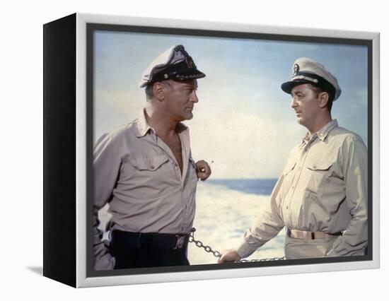 THE ENEMY BELOW by DickPowell with Robert Mitchum, Curd Jurgens, 1957 (photo)-null-Framed Stretched Canvas