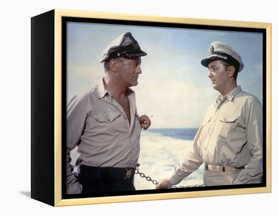 THE ENEMY BELOW by DickPowell with Robert Mitchum, Curd Jurgens, 1957 (photo)-null-Framed Stretched Canvas