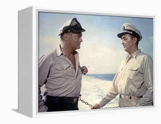 THE ENEMY BELOW by DickPowell with Robert Mitchum, Curd Jurgens, 1957 (photo)-null-Framed Stretched Canvas