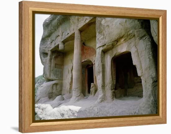 The entrance to one of the cave temples at Tianlong Shan, perched high on the cliff face-Werner Forman-Framed Premier Image Canvas