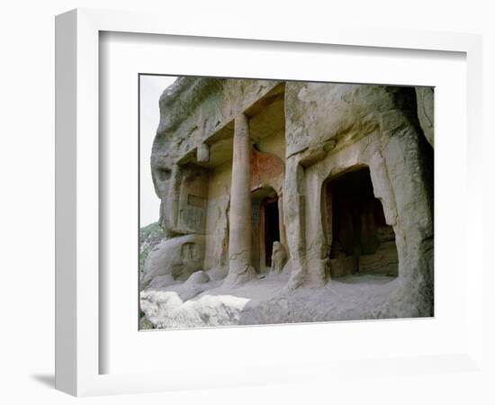 The entrance to one of the cave temples at Tianlong Shan, perched high on the cliff face-Werner Forman-Framed Giclee Print