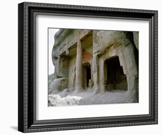 The entrance to one of the cave temples at Tianlong Shan, perched high on the cliff face-Werner Forman-Framed Giclee Print