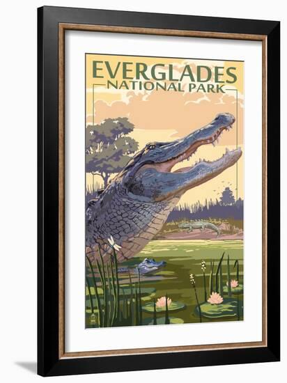 The Everglades National Park, Florida - Alligator Scene-Lantern Press-Framed Premium Giclee Print