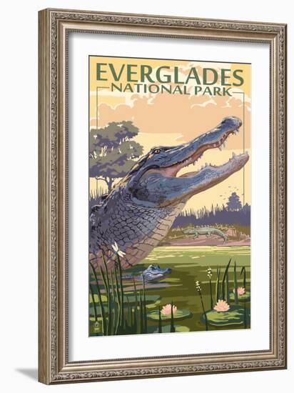 The Everglades National Park, Florida - Alligator Scene-Lantern Press-Framed Art Print