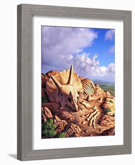 The Exposed Bones of a Triceratops on a Western Landscape-null-Framed Art Print