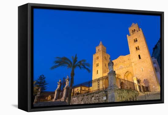 The Facade of the Norman Cathedral of Cefalu Illuminated at Night, Sicily, Italy, Europe-Martin Child-Framed Premier Image Canvas