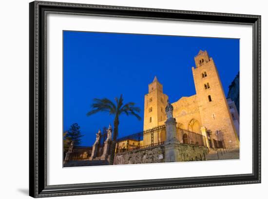 The Facade of the Norman Cathedral of Cefalu Illuminated at Night, Sicily, Italy, Europe-Martin Child-Framed Photographic Print