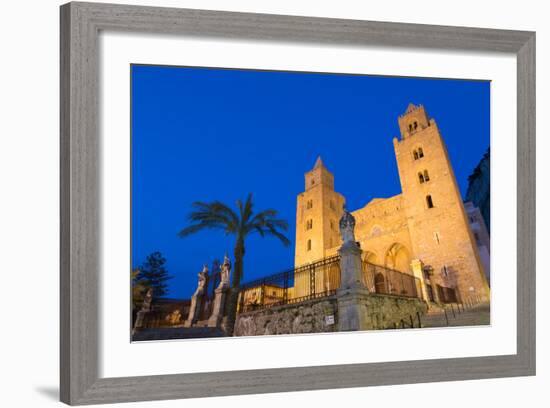 The Facade of the Norman Cathedral of Cefalu Illuminated at Night, Sicily, Italy, Europe-Martin Child-Framed Photographic Print