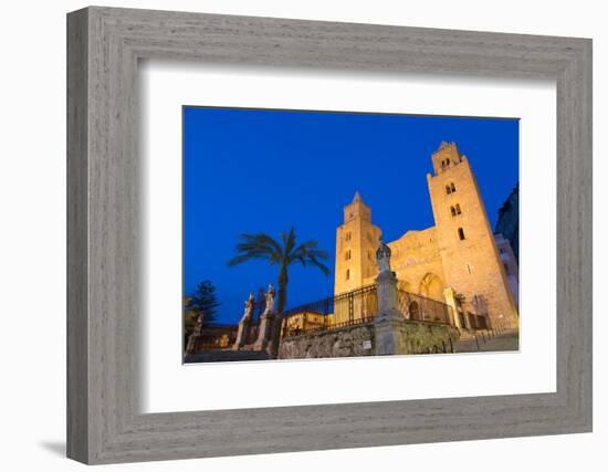 The Facade of the Norman Cathedral of Cefalu Illuminated at Night, Sicily, Italy, Europe-Martin Child-Framed Photographic Print