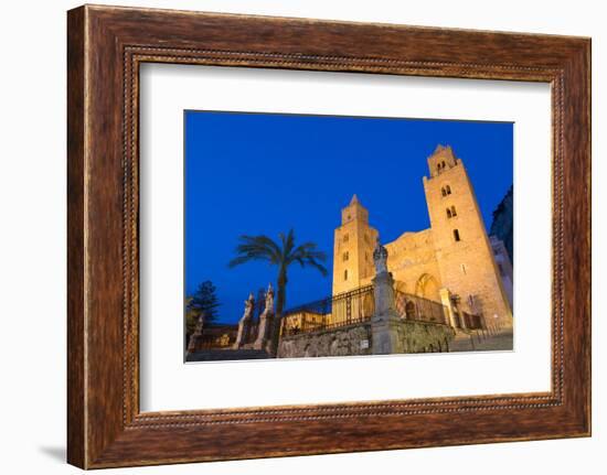 The Facade of the Norman Cathedral of Cefalu Illuminated at Night, Sicily, Italy, Europe-Martin Child-Framed Photographic Print