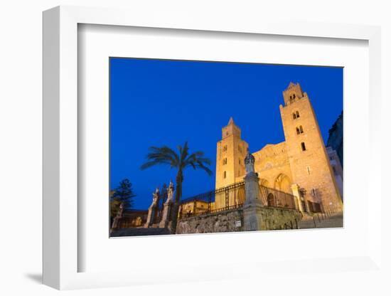 The Facade of the Norman Cathedral of Cefalu Illuminated at Night, Sicily, Italy, Europe-Martin Child-Framed Photographic Print