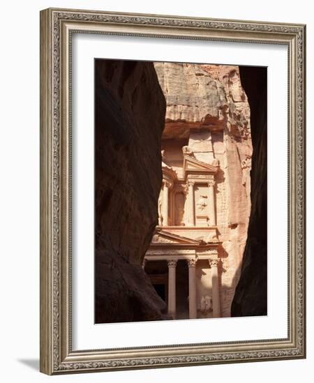 The Facade of the Treasury (Al Khazneh) Carved into the Red Rock, Seen from the Siq, Petra, UNESCO -Martin Child-Framed Photographic Print