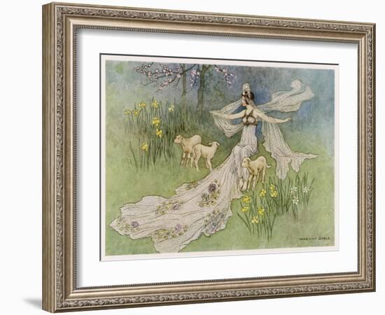 The Fairy Coquette, with Three Wolves Which She Has Just Transformed into Lambs-Warwick Goble-Framed Art Print