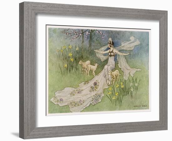 The Fairy Coquette, with Three Wolves Which She Has Just Transformed into Lambs-Warwick Goble-Framed Art Print