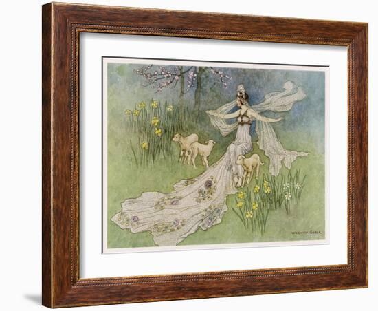 The Fairy Coquette, with Three Wolves Which She Has Just Transformed into Lambs-Warwick Goble-Framed Art Print