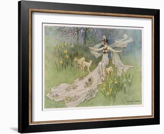 The Fairy Coquette, with Three Wolves Which She Has Just Transformed into Lambs-Warwick Goble-Framed Art Print