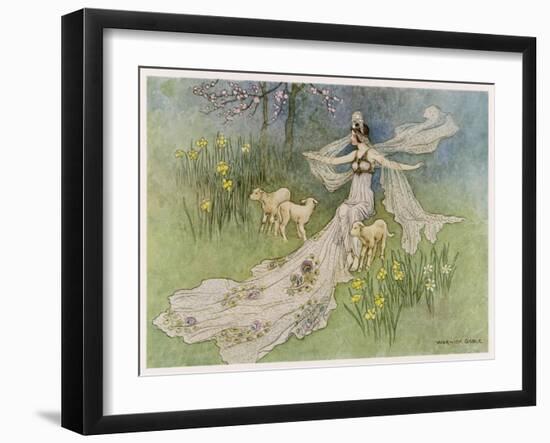 The Fairy Coquette, with Three Wolves Which She Has Just Transformed into Lambs-Warwick Goble-Framed Art Print