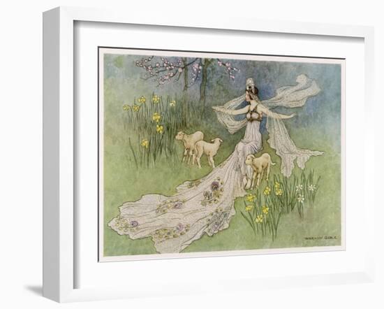 The Fairy Coquette, with Three Wolves Which She Has Just Transformed into Lambs-Warwick Goble-Framed Art Print