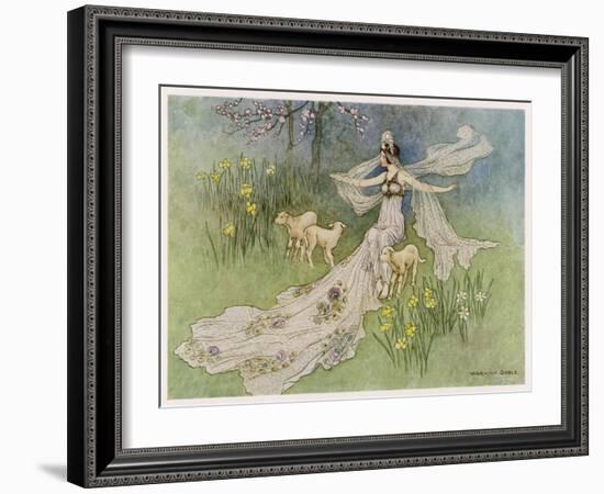 The Fairy Coquette, with Three Wolves Which She Has Just Transformed into Lambs-Warwick Goble-Framed Art Print