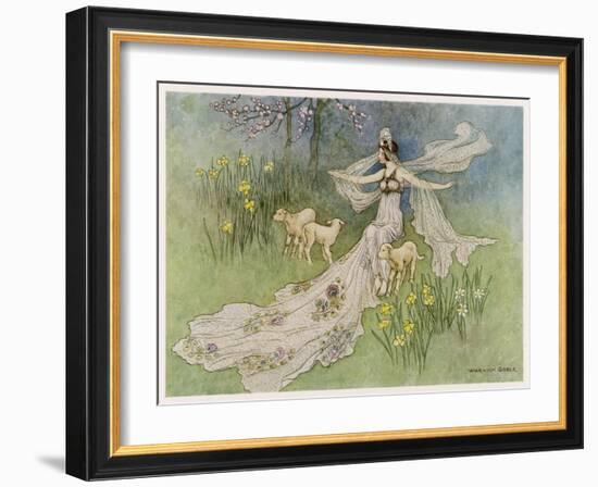 The Fairy Coquette, with Three Wolves Which She Has Just Transformed into Lambs-Warwick Goble-Framed Art Print