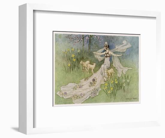 The Fairy Coquette, with Three Wolves Which She Has Just Transformed into Lambs-Warwick Goble-Framed Art Print