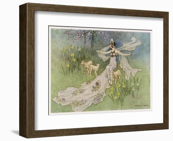 The Fairy Coquette, with Three Wolves Which She Has Just Transformed into Lambs-Warwick Goble-Framed Art Print