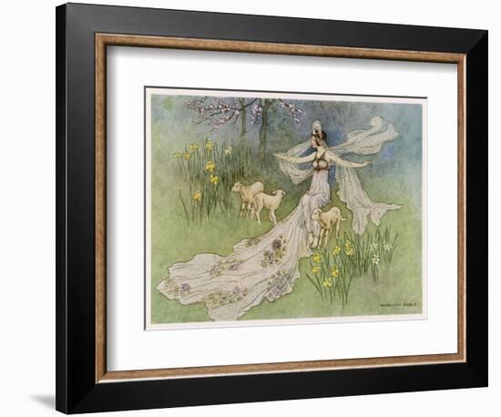 The Fairy Coquette, with Three Wolves Which She Has Just Transformed into Lambs-Warwick Goble-Framed Art Print